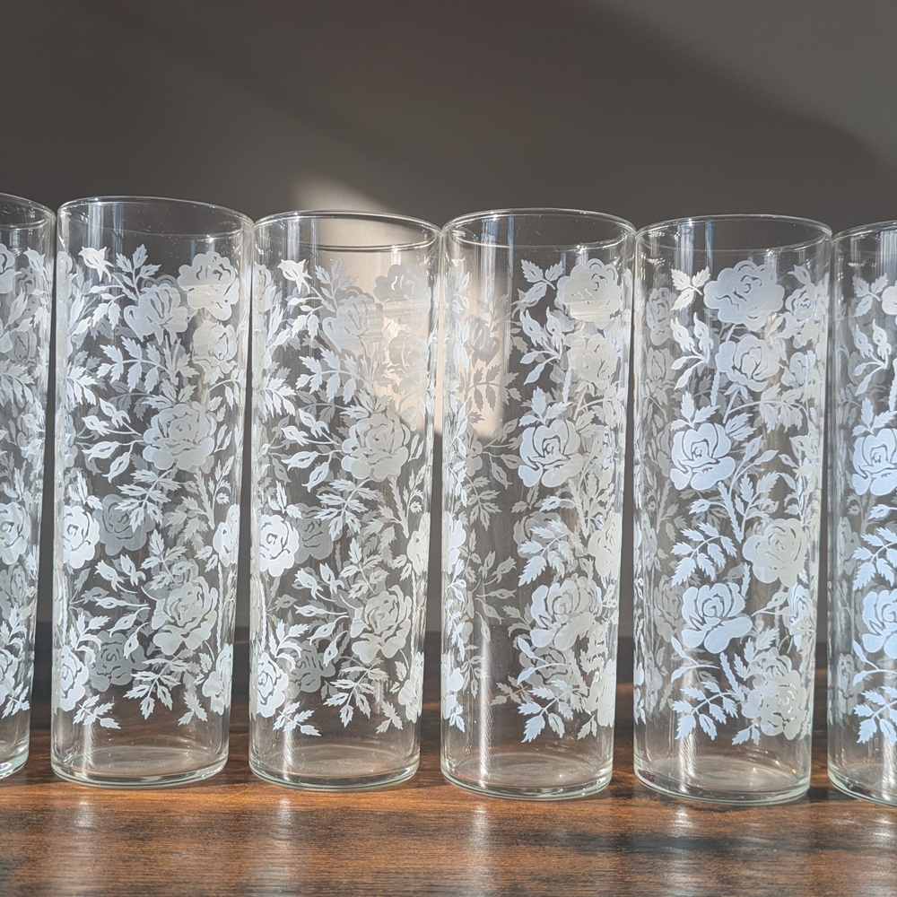 Libbey Set of 6 Floral Mid Century Vintage Highball Glasses